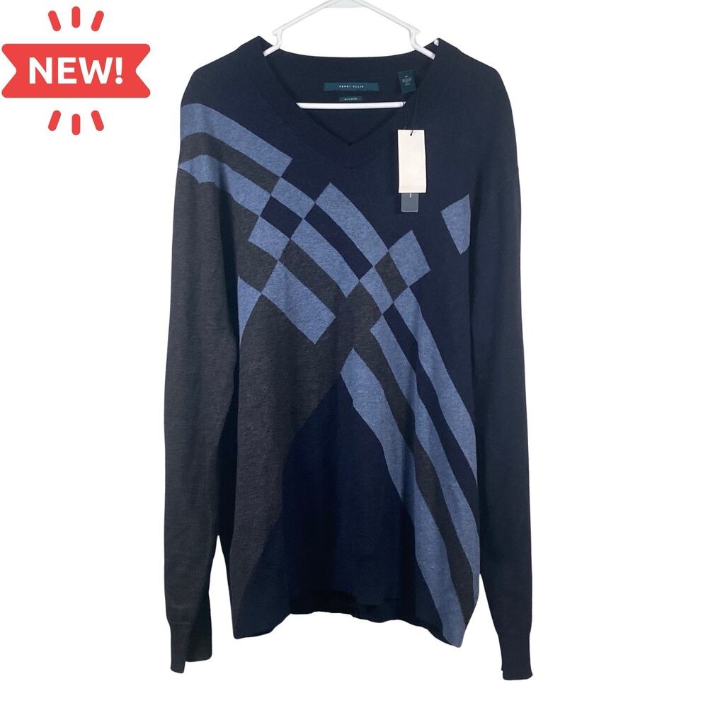 Perry Ellis Sweater Men's Size 2X Merino Wool Blend NWT Blue Gray V-Neck